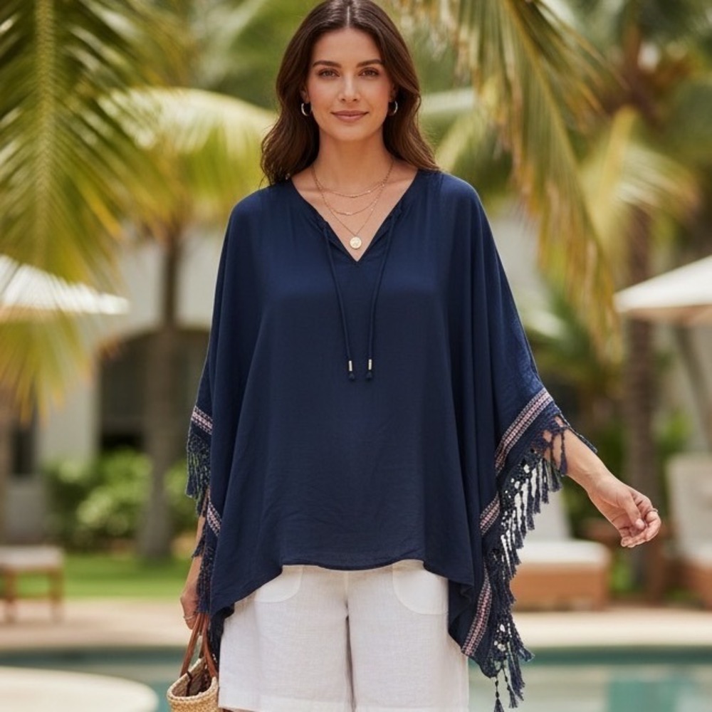 Carolyn Taylor Navy Blue Poncho Top Embroidered Crochet Fringe‎ Resortwear 3XL